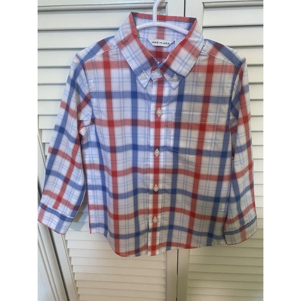 NWT Janie and Jack 2T Plaid Poplin Button-Up Shirt Red White Blue Patriotic